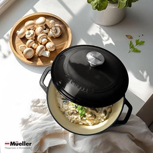 MUELLER HOME 6 Quart Enameled Cast Iron Pot Dutch Oven, Heavy-Duty Oven-Safe up to 500° F, & Across All Cooktops, Casserole Dishes for Ovens, Bread Pan with Lid and Knob, Cast Iron Cookware, Black thumbnail 2