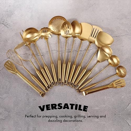 Gold Cooking Utensils Set - 18/10 Stainless Steel Small and Large Spoons Set, 16 PCS All Metal Kitchen Tools, Serving Utensils - Whisk, Masher, Fork, Tongs, Spatula, Turner, Ladle, Skimmer, Pasta thumbnail 6
