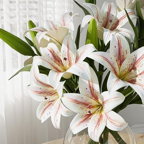 DBCMEW 6PCS Artificial Lilies Set, Short Stem Artificial Flowers with 12 Heads Fully Bloomed Lilies and 6 Buds for Office/Wedding/Home Decoration/Party/Flower Arrangment/Bonquet DIY/Grave thumbnail 5