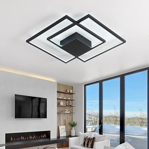 SUNMOO Modern LED Ceiling Light Modern Flush Mount Ceiling Light Fixture, Dimmable 2 Square Frame Premium Lamp for Dining Room Kitchen Bedroom Living Room 40W 6000K Cool Light (Black) - Black-2 - Image 1