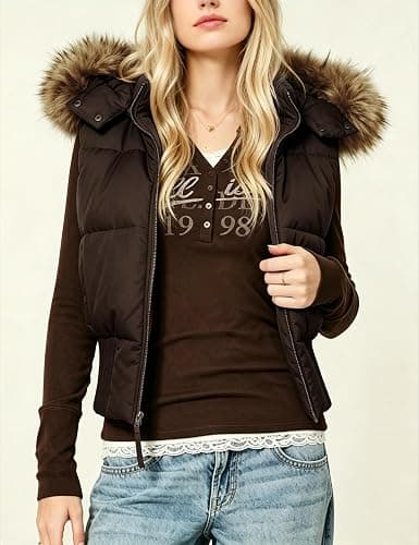 Silly Turtle Puffer Vest Women Faux Fur Hooded Fall Winter Coat Jacket | Sleeveless Vest, Detachable Faux-Fur Hood, Zip-Up, Side Pockets, Ribbed Hem, Slim Fit, Cropped, Y2K. thumbnail 2