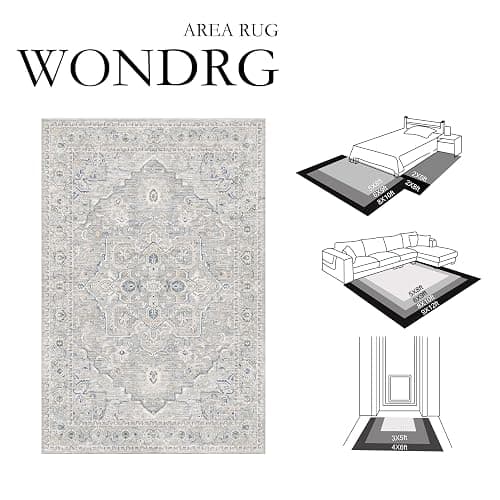 WondRg 8x10 Blue Washable Neutral Area Rug Living Room | Non Slip, Soft Low Pile, Vintage Distressed, for Bedroom Dining Room Office Nursery Indoor Home Decor thumbnail 3