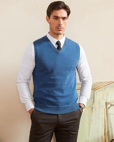 Kallspin Men's Pure Cotton Sweater Vest V Neck Regular Fit Knit Sleeveless Pullover Sweater thumbnail 2