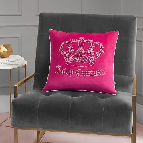 Juicy Couture Square 1-Piece Living Room and Bedroom Décor, Premium Throw Pillow, 20"x20", Hot Pink Rhinestone Crown thumbnail 2
