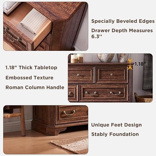 T4TREAM Farmhouse 7 Drawers Dresser for Bedroom, 54" Wide Wood Rustic Chest of Drawers with Natural Texture, Vintage Design, Storage Dressers Organizer for Bedroom, Living Room, Reclaimed Barnwood thumbnail 5