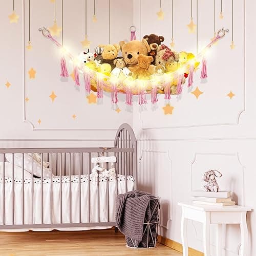 CERETIA Hammock for Stuffed Animals with LED Light, Kids Room Decor Corner, Pink thumbnail 2