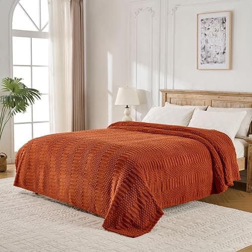 90x90 Inch Rust Queen Bed Blanket - Soft & Fluffy Fleece, Cute & Aesthetic, Perfect for Sofa, Couch, Bed, Living Room & Bedroom, All-Season Use, Plush & Cozy Decorative Blanket thumbnail 2