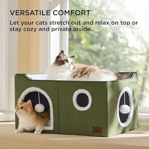 Bedsure Large Cat Beds for Indoor Cats - Extra Wide Cat Cube House for Small Pet with Fluffy Ball Hanging and Scratch Pad, Foldable Pet Cave Hideaway for Multiple Cats, 23.6x16.9x13 inches thumbnail 4