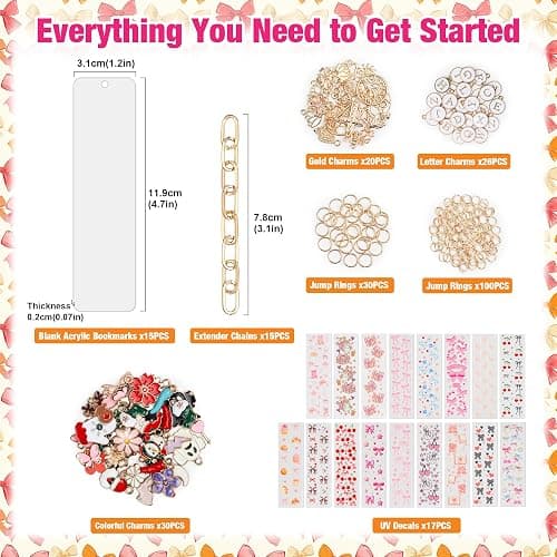 253 Pcs Bow Acrylic Bookmark Blanks(2mm) Thicken 15 DIY Bookmark Making 17 Bow UV DTF Sticker 76 Charms 15 Extender Chains and 130 Jump Ring Suitable for DIY Crafts Gifts thumbnail 3
