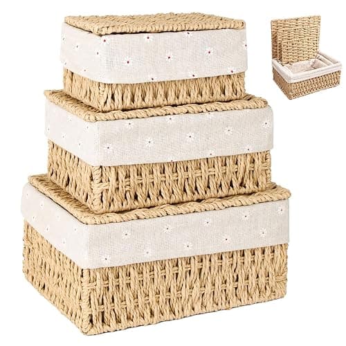 ZHYOPING 3er Set Aufbewahrungskorb mit Deckel – Körbchen Geflochten aus Papierseil, 3 Größen Körbchen mit Futter, Boho-Decor Aufbewahrungskörbchen für Badezimmer, Spielzeug, Wohnzimmer & Schlafzimmer - Image 1