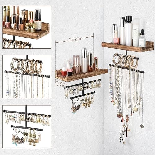 Keebofly Hanging Wall Mounted Jewelry Organizer with Rustic Wood Jewelry Holder Display for Necklaces Bracelet Earrings Ring Set of 2 Carbonized Black,[Patented] thumbnail 3