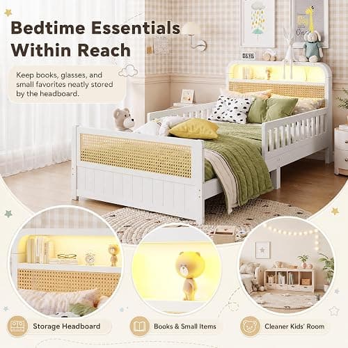 Twin Bed with Rails, Wood Twin Bed Frame with LED Lights and Storage Headboard, Twin Platform Bed Frame with Headboard, Wooden Twin Bed Frame for Kids with Side Rails, No Box Spring Needed, White thumbnail 3