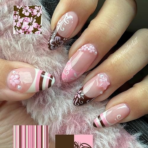 octoswave Long Almond Press on Nails Pink Fake Nail for Women Girls 24Pcs | 3D Floral Star Design Artificial Nail for Party Vacations thumbnail 5