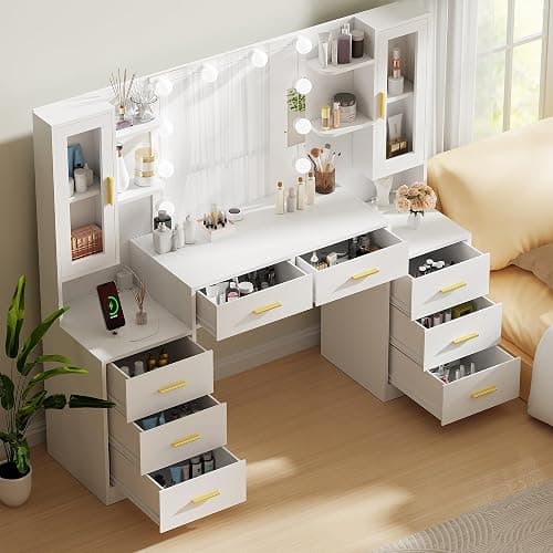ANWBROAD Große Schminktisch mit verstellbaren 3 Farben LED-Beleuchtung und Steckdosen Modern Weiß Schminktisch mit Spiegel 8 Schubladen Frisiertisch 150x135x40cm BDT67W thumbnail 3