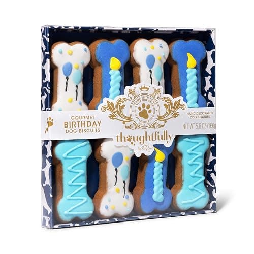 Thoughtfully Pets, Blue Dog Birthday Cookie Gift Set, Hand Decorated Crunchy Dog Treats in Bone Shapes, Great for Birthdays, Set of 8 thumbnail 4
