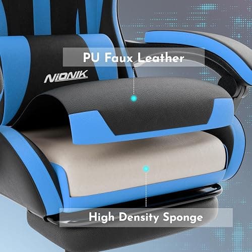 NIONIK Gaming Chair, Ergonomic Computer Chair with Footrest and Lumbar Support, Height Adjustable Game Chair with 360°-Swivel Seat and Headrest and for Office or Gaming BlackBlue thumbnail 7