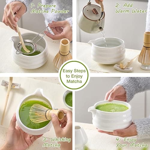 Matcha Whisk Set, Japanese Tea Set (5pcs) includes Matcha Bowl with Spout (19 oz), Bamboo Whisk and Matcha Scoop, Whisk Holder, Stainless Steel Sifter, Tea Making Tools, Matcha Kit thumbnail 5