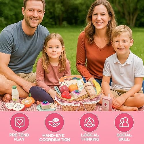 HAPGFS Wooden Picnic Basket Toy Set with Realistic Play Food - Kids Pretend Play Kitchen Accessories for Toddlers 3-8, Wood Play Food for Imaginative Tea Party & Outdoor Fun thumbnail 6