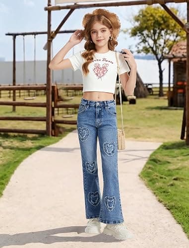 Peakpride Girls Jeans Flare High Elastic Waist Denim Pants Bell Bottom Stretch Cute Y2K Streetwear with Pockets 7-14Y thumbnail 3
