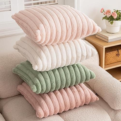 BAOLIZEGAO Double-Sided Faux Fur Plush Throw Pillow Covers 18x18 Set of 2 Fuzzy Striped Soft Cozy Pillowcase Luxury Decorative Pillows Square Shaggy Cushion Covers for Couch Sofa Bed,Cream White thumbnail 5