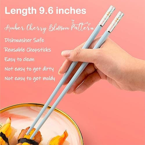 HELERKOL 5 Pairs Fiberglass Chopsticks - Amber Cherry Blossom Pattern, Multicolor - Japanese & Korean Chopsticks - Reusable, Dishwasher Safe - Yellow, Pink, Blue, Green, Purple thumbnail 5