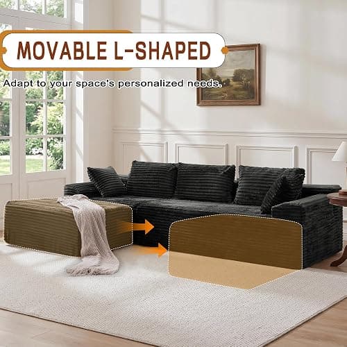 Korser 108" L-Shaped Modular Sectional Sofa with Chaise, Boneless Comfy Corduroy Fluffy Couch with Deep Seat and Side Pockets, Flexible Module Combination for Living Room, No Assembly, Side Pockets thumbnail 6