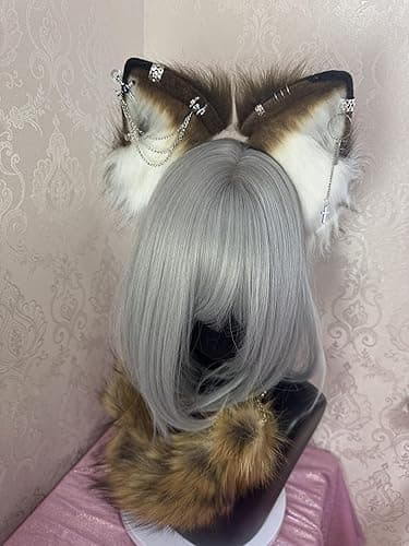 Cat Fox Wolf Ears and Tail Set - Plush Cosplay Clips Headband and Tail for Halloween, Costume Accessories,Gothic Punk 02ALL thumbnail 4
