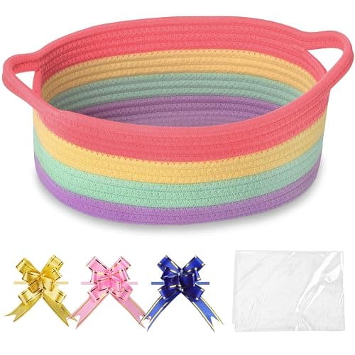 COMSE Small Woven Basket with Gift Bags and Ribbons, Gift Basket Empty, Cotton Rope Storage Organizer, Baby Toy Box with Handles, 12" x 8" x 5", Rainbow - Image 1