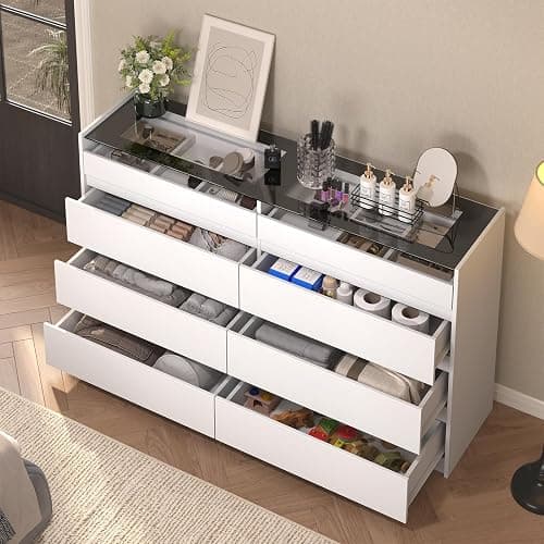 ZORPLIX White 8 Drawer Dresser for Bedroom, Modern Chest of Drawers, Jewelry Dresser Display with Glass Top and LED Light, Dressers Organizer for Bedroom, Closet, Living Room thumbnail 3
