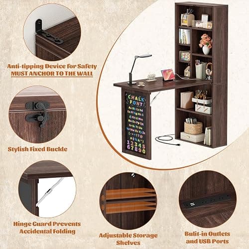 Armocity Small Folding Desk with Outlets, Fold-Out Murphy Desk Craft Table | Foldable Wall Mounted Desk Cabinet with Storage, Multi-Function Desk for Small Spaces/Home Office/Craft Room, Black Walnut thumbnail 4