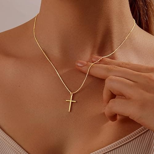 HAXIYA Cross Necklace for Women 14K Gold Plated/Sterling Silver Cross Necklace Dainty Tiny Layered Choker Cross Pendant Necklaces Faith Jewelry First Communion Gifts for Her ﻿ - Simple-Gold thumbnail 4