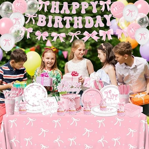 Pink Bow Birthday Party Supplies Serve 24, Coquette Birthday Decorations Include Bow Plates Napkins Cups Banner Tablecloth Cake Topper Balloons Bow Theme Tableware for Girls Bachelorette Decor thumbnail 5