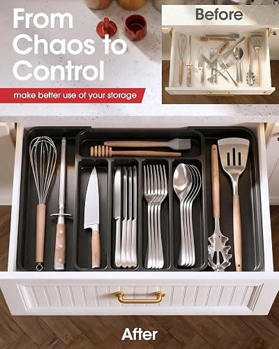 Aujen Silverware Organizer - Expandable Kitchen Drawer Organizer, Adjustable Utensil Organizer, Cutlery Tray for Forks, Knives, Multipurpose Kitchen Organizers and Storage Solution, Black, Medium thumbnail 2