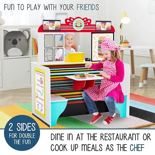 Lil' Jumbl Wooden Restaurant Playset, Interactive Diner Kitchen, Ages 3-8 | Gives kids a lifelike serving and prep space with refrigerator, oven, sink, and menu boards to spark creative fun. thumbnail 3