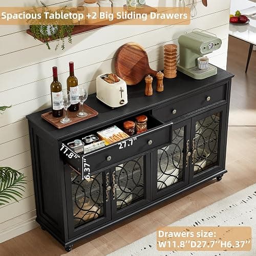Joaxswe Farmhouse Sideboard Buffet Cabinet with Storage,59" Large Credenza with 4 Glass Doors & 2 Drawers,Adjustable Shelves Console Table,Wood Kitchen Coffee Bar for Dining Room,Living Room,Black thumbnail 5