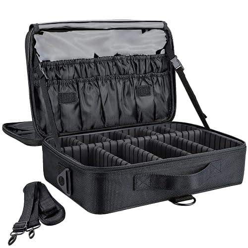 gzcz Travel Makeup Bag,Professional Cosmetic Bags for Women,Portable Makeup Brush Case Organizer Storage with Adjustable Dividers and Shoulder Strap (Medium) - Image 1
