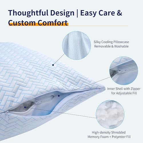 DOWNCOOL Cooling Pillow Queen Size Set of 2, Adjustable Shredded Memory Foam Pillows for Sleeping, Cool Bed Pillows for Hot Sleepers, Supportive Firm Pillow for Side Back Stomach Sleepers, 20"X30" thumbnail 5