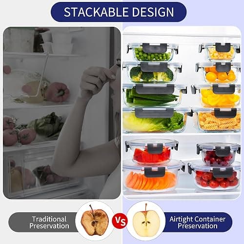 MFY 12-Pack Glass Storage Containers with Lids, Glass Meal Prep Containers Set, Airtight Lunch Containers with Lids, Microwave, Oven, Freezer and Dishwasher Safe, Gray thumbnail 6