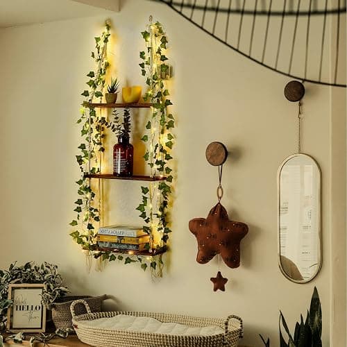 Hanging Shelf with Vine Lights, Macrame Plant Wall Shelf, Wall Storage with Handmade Woven Ropes, 3 Tier Floating Shelf, Boho Room Decor Aesthetic for Succulents, Bedroom, Living Room, Bathroom thumbnail 4