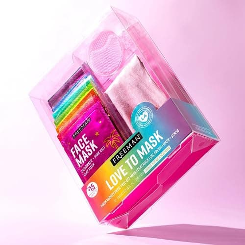 Freeman Facial Love To Mask Variety Pack: Oil Absorbing Clay, Detoxifying Charcoal, Clearing Peel Off, Hydrating Gel Cream, Exfoliating Scrub (14 Piece Kit with Bonus Buffer and Headband) thumbnail 8