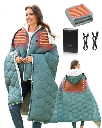 tomilk Heated Blanket Battery Operated with Hood for Camping, 12V Cordless Heating Blanket with 15000mAh Battery, Electric Blanket Throw Shawl (Green) - Image 1