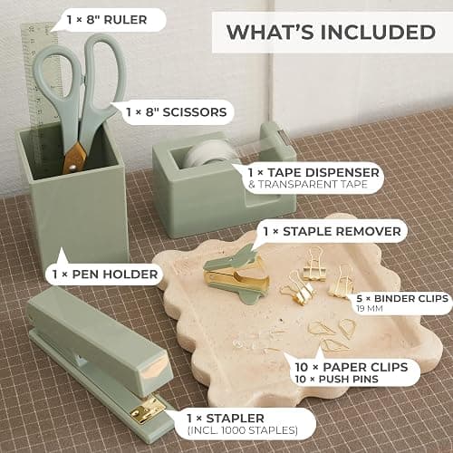 Aesthetic Desk Accessories Set - A Complete Desktop Organizer Set For Women Enhances Any Office Decor - An Office Supplies Kit w Gold Finish incl. Pen Holder, Scissors, Stapler, Tape Dispenser & More thumbnail 4