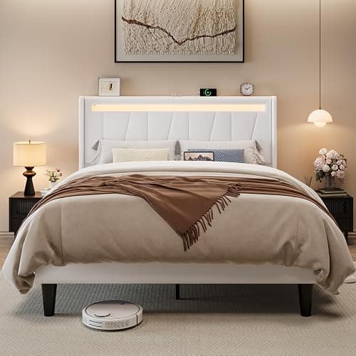 Allewie Full Size LED Bed Frame with Charging Station, Velvet Upholstered Platform Bed with Geometric Wingback Headboard, Modern Frame with No Box Spring Needed, Easy Assembly, White thumbnail 7