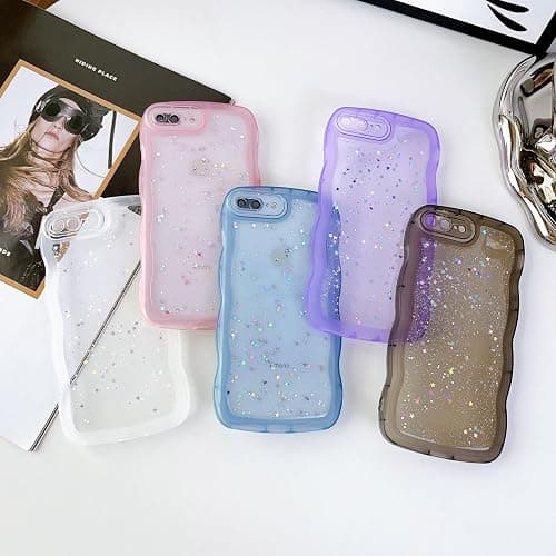 Qokey for iPhone SE & 8/7 Case - Cute Clear Glitter Curly Wave Design, Transparent Bling Shiny Protection Soft TPU Shockproof Phone Cover for Women & Girls thumbnail 4