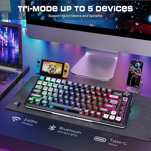 Redragon Wireless Mechanical Gaming Keyboard - Gasket-Mounted RGB Backlit, Custom Keys, 3-Mode(Bluetooth/2.4G/USB), Hot-Swap Pre-Lubed Switches, Screen & Control Knob - Cyber Mecha Style, Plasma Arc thumbnail 3