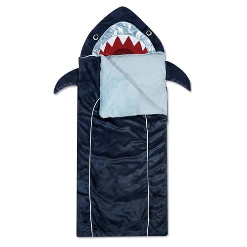 Heritage Kids Shark Plush Hooded Sleeping Bag, 64" L x 25" W, Blue - Image 1