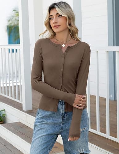 Gleenat Womens Ribbed Long Sleeve Button Down Up Shirts Lightweight Regular Length Cardigan Going Out Fall Tops XS-XL thumbnail 6