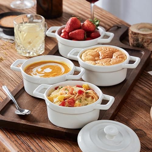 Lareina Mini Cocotte 12oz Ceramic Casserole Dish Set with Lid, White | Small casserole ramekins with handles, oven, microwave & dishwasher safe. Perfect for baking, serving, and individual meals. thumbnail 8