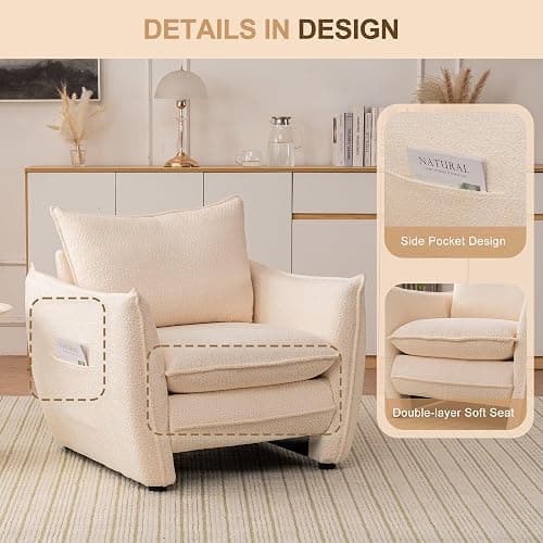 ENYLAY Oversized Accent Chair, Modern Single Sofa Cloud Chairs with Removable Pillow, Deep Seat Comfy Armchair for Living Room Bedroom Reading Nook - Upholstered Lounge Chair (Beige) thumbnail 5