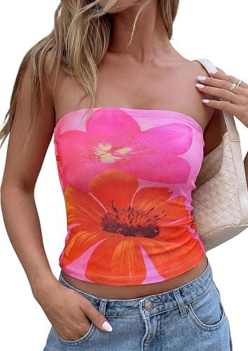 PRETTYGARDEN Tube Tops for Women 2026 Summer Spring Floral Strapless Going Out Tops Y2K Mesh Cute Beach Vacation Clothes - Image 1